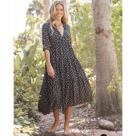 NATURAL LIFE Dresses & Skirts - Natural Life Rebecca Black Floral Midi Dress Small Cottage Boho 3/4 Sleeves V11